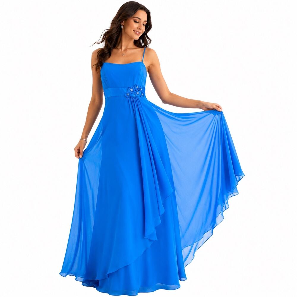 Alfred Angelo Blue Chiffon Maxi Dress Women M Beaded Empire Waist Y2K Formal